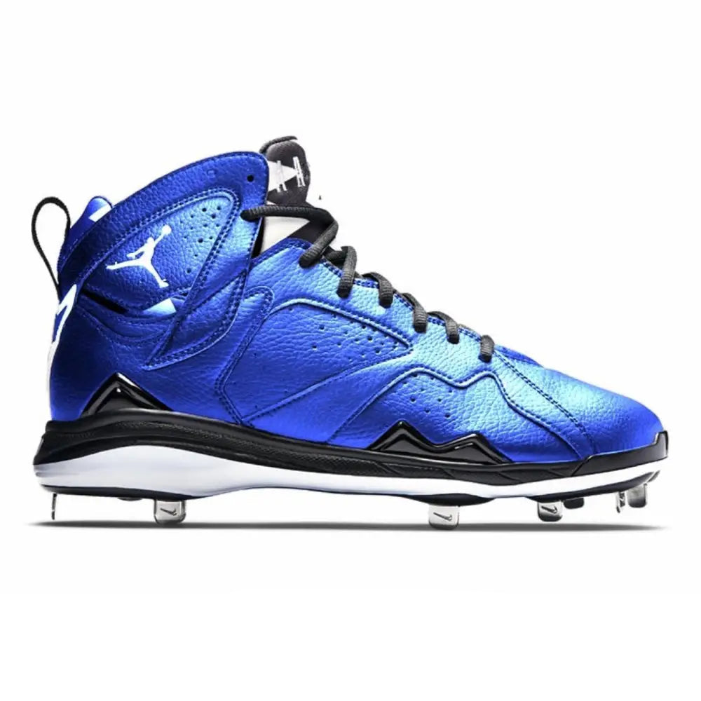 Blue leather baseball cleat from Metallic Blue Jordan 7 Retro Cleats collection