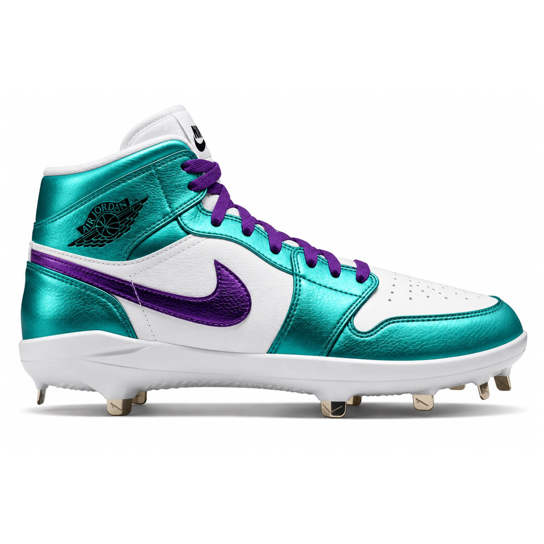 A high-top baseball cleat featuring a metallic teal upper, white overlays, purple laces and Swoosh, with a white sole and gold-colored studs.