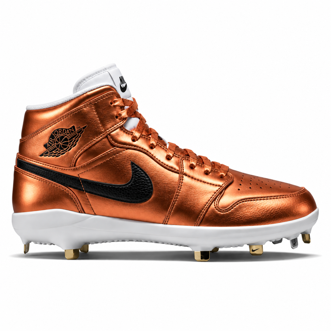 A metallic copper-orange high-top baseball cleat by Nike, featuring a black Swoosh and Air Jordan logo on the side, a white midsole, and gold-colored studs.