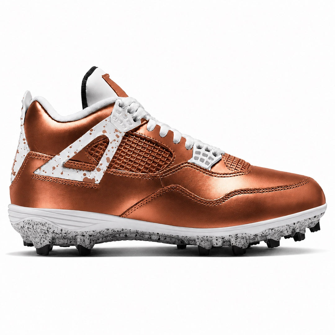 Custom metallic copper Jordan 4 Retro TD football cleats with white speckled accents and sole for a bold, shiny finish — by Stadium Custom Kicks