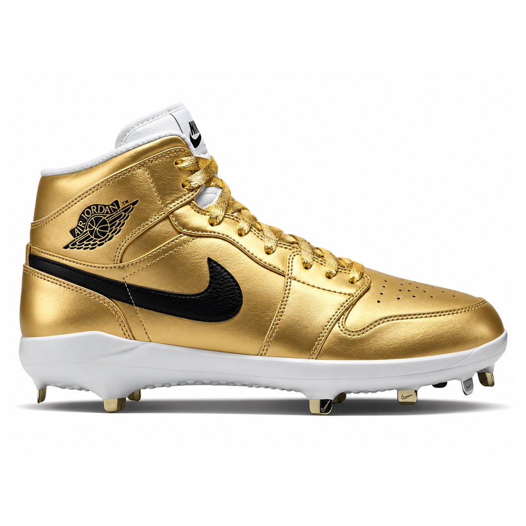 A metallic gold high-top baseball cleat with a black Nike Swoosh and black Air Jordan Wings logo, featuring a white midsole and white Nike tongue tag, shown from the side on a white background.