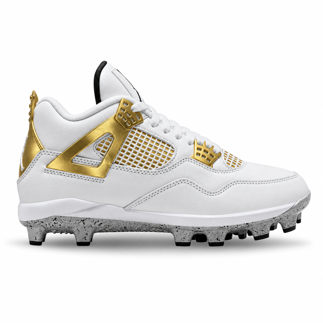 A white and gold baseball cleat with a speckled gray outsole, shown from the side on a white background.