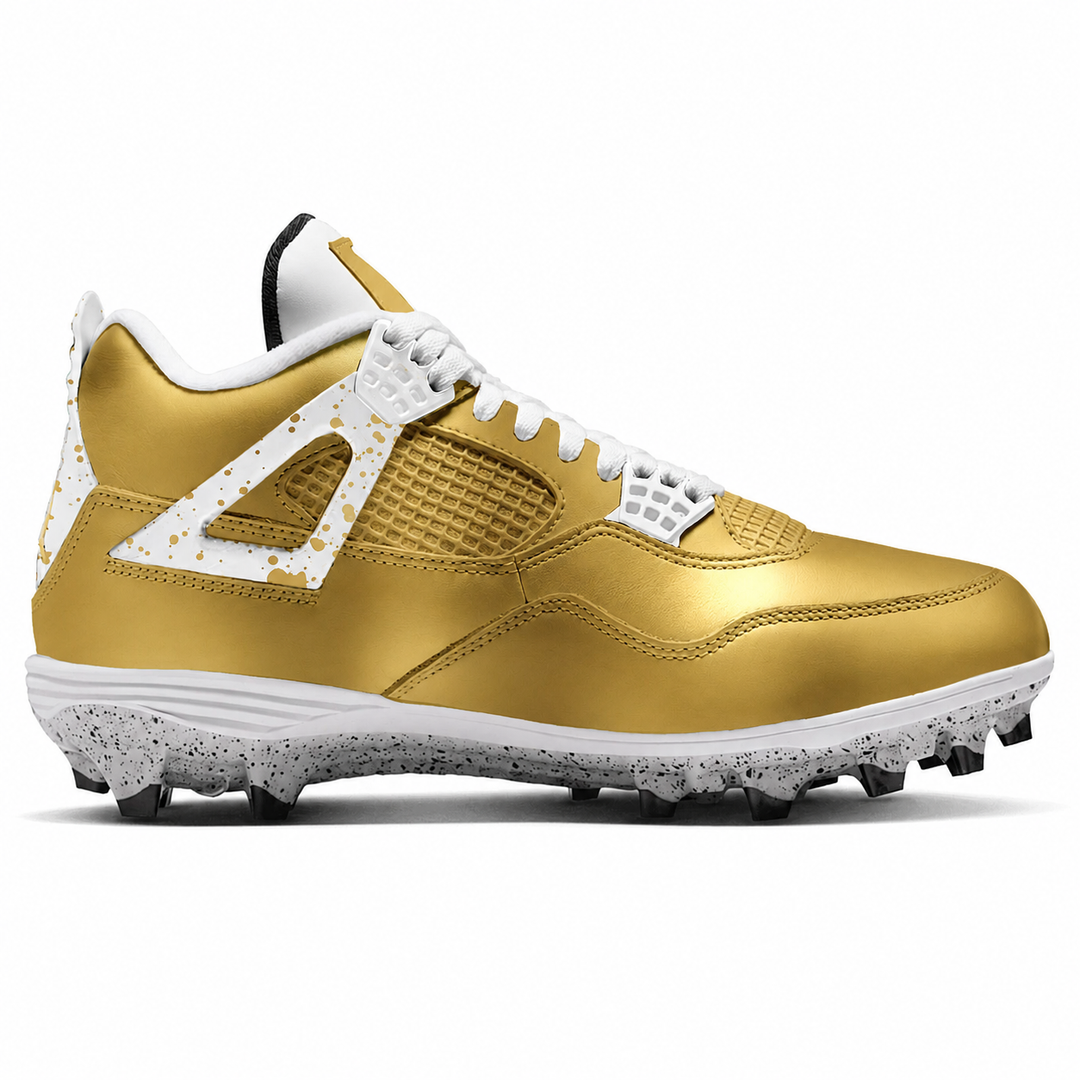 Gold and white football shoe with cleats on a white background