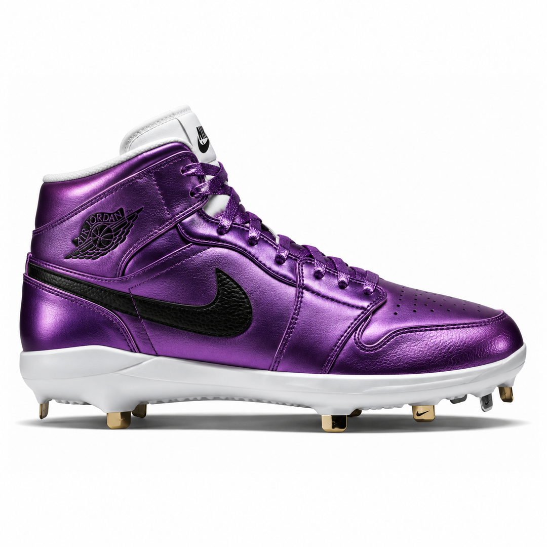 A metallic purple high-top baseball cleat by Nike, featuring a black Swoosh and Jumpman logo on the side, a white midsole, and gold cleats on a white background.