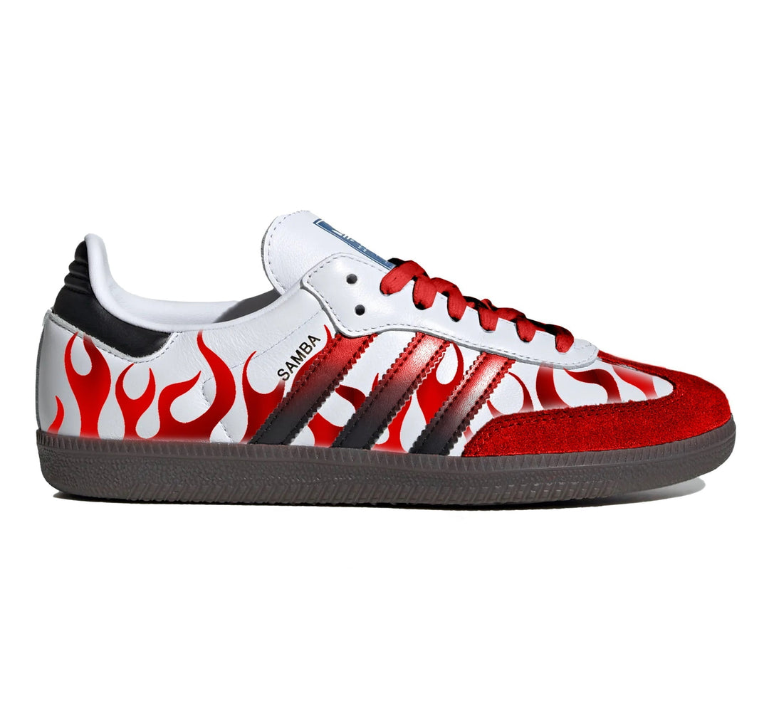 Metallic Red Flames Adidas Sambas | Stadium Custom Kicks Metallic Red Flames Adidas Sambas | Stadium Custom Kicks