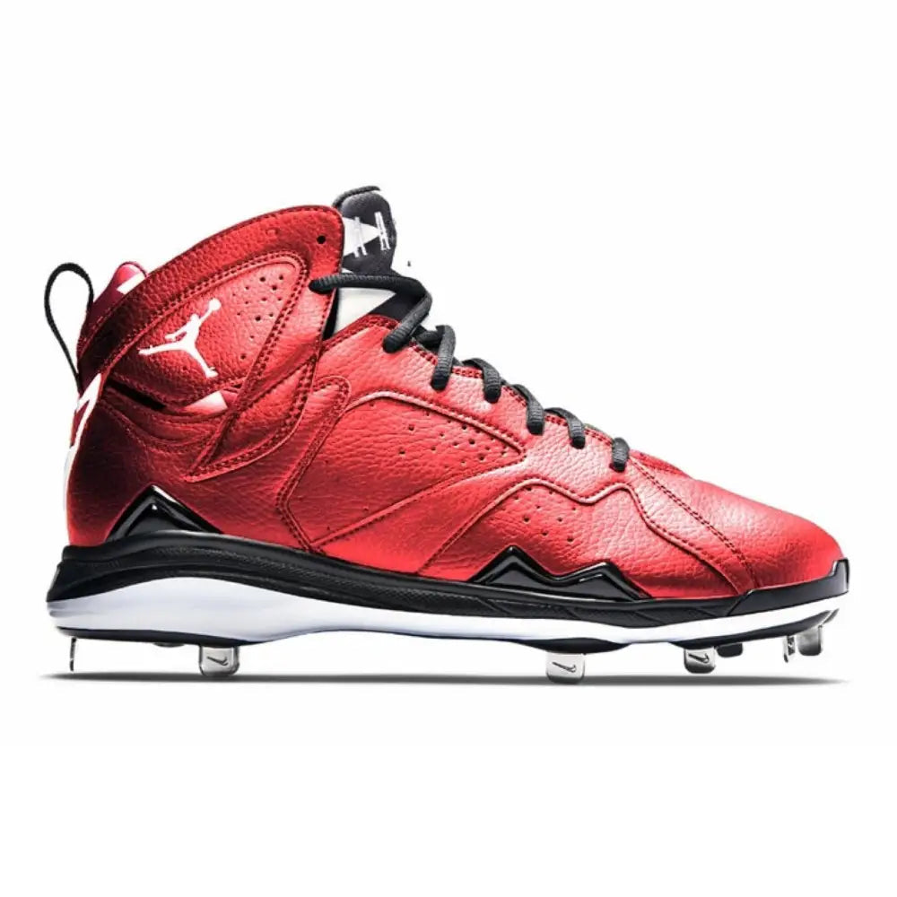 Red and black Jordan baseball cleat from Metallic Red Jordan 7 Retro collection