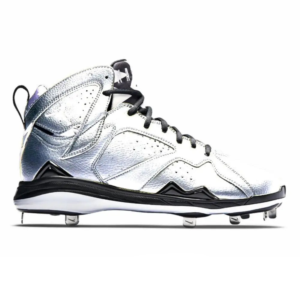 Silver baseball cleat from Metallic Silver Jordan 7 Retro Cleats product display