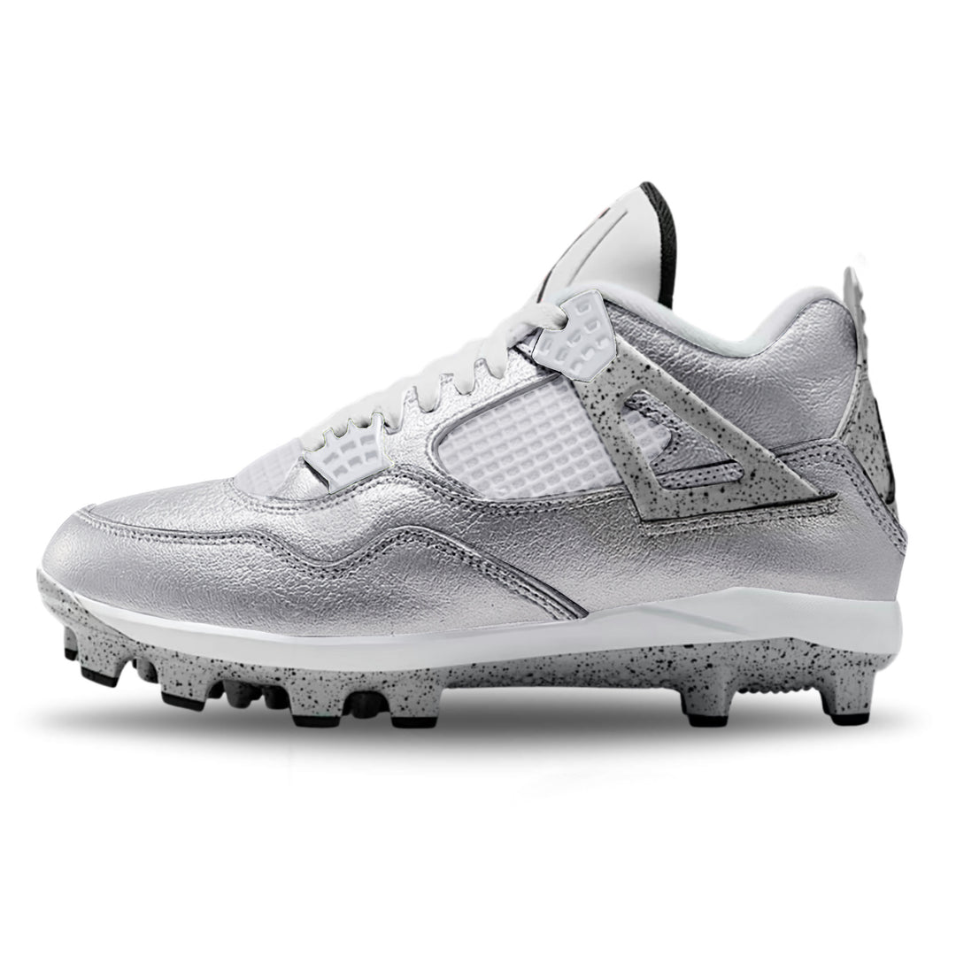 Custom Metallic Jordan 4 Retro MCS baseball cleats featuring a complete metallic silver design. 