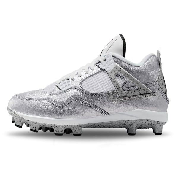Custom Metallic Jordan 4 Retro MCS baseball cleats featuring a complete metallic silver design. 