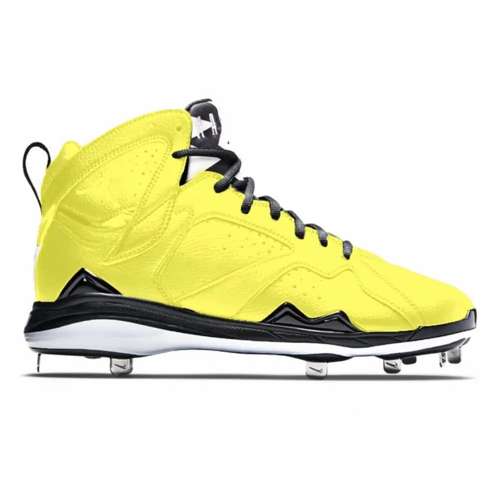 Yellow high-top baseball cleat from Metallic Yellow Jordan 7 Retro Cleats collection