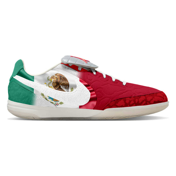 Jordan Tiempo Streetgato SE Indoor Soccer Shoes in a Mexico colorway featuring a green, white, and red "El Tri" design inspired by the Mexican national team, custom made by Stadium Custom Kicks