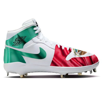 Mexico waving flag design on Jordan 1 Retro baseball cleats featuring green, white, and red colors with the national eagle emblem.