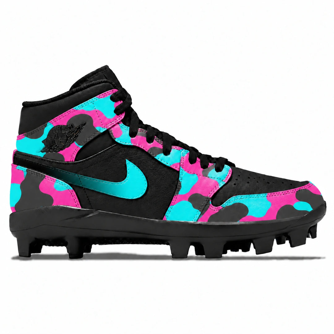 A high-top Nike baseball cleat featuring a black base with a vibrant pink and turquoise camouflage pattern on the overlays, a metallic turquoise Nike Swoosh, and black studs on a white background.