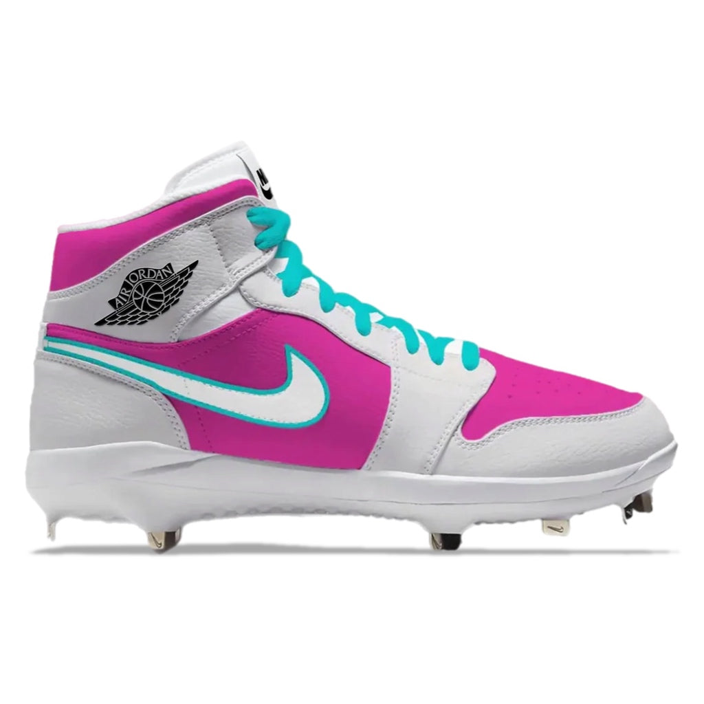 Side view of Jordan 1 Retro baseball cleats in the Miami Comets Alternate colorway, featuring pink and white leather with teal swoosh and laces, mid-top silhouette, and selectable metal or MCS spike outsole, hand painted and made to order by Stadium Custom Kicks.