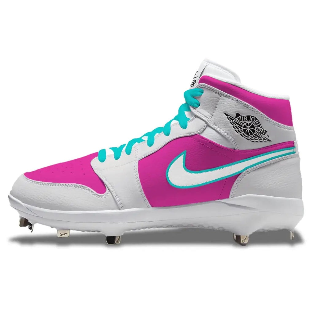 Side view of Jordan 1 Retro baseball cleats in the Miami Comets Alternate colorway, featuring pink and white leather with teal swoosh and laces, mid-top silhouette, and selectable metal or MCS spike outsole, hand painted and made to order by Stadium Custom Kicks.