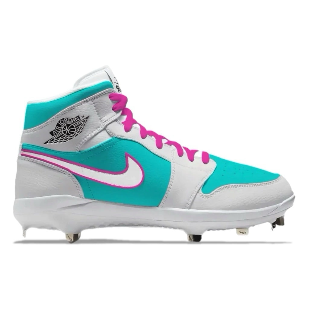 Turquoise and white cleat with pink laces on a white background