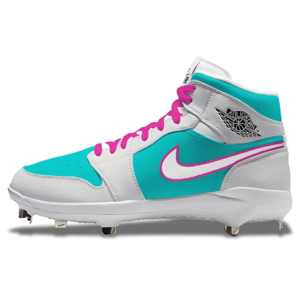 Side view of Jordan 1 Retro baseball cleats in the Miami Comets colorway, featuring teal and white leather with pink swoosh and laces, mid-top silhouette, and selectable metal or MCS spike outsole, hand painted and made to order by Stadium Custom Kicks.