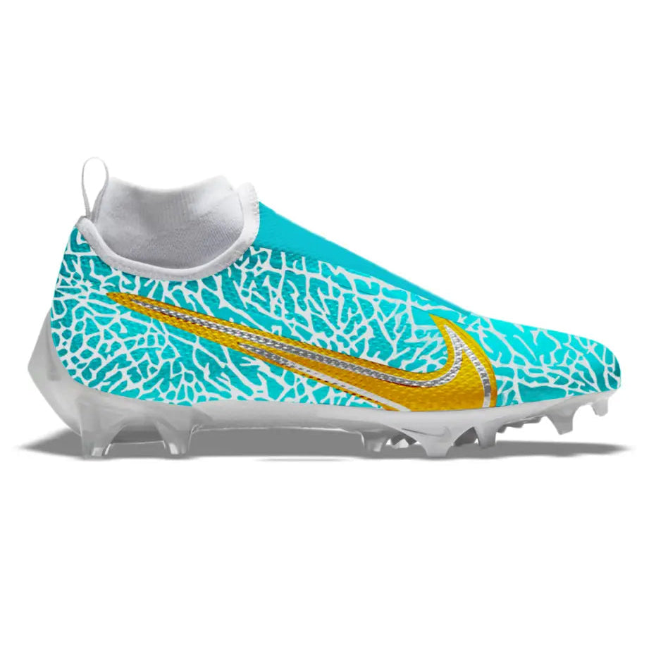 Turquoise and white patterned Nike Vapor Pro 360 Miami Elephant football cleats with gold swoosh