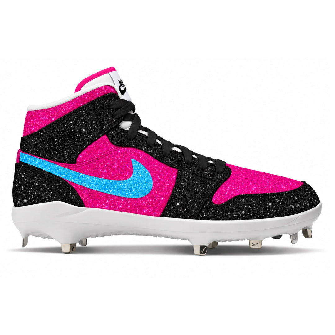 Pink and black glitter Jordan 1 baseball cleat with light blue glitter Swoosh, black laces, white tongue with pink trim, and white sole.