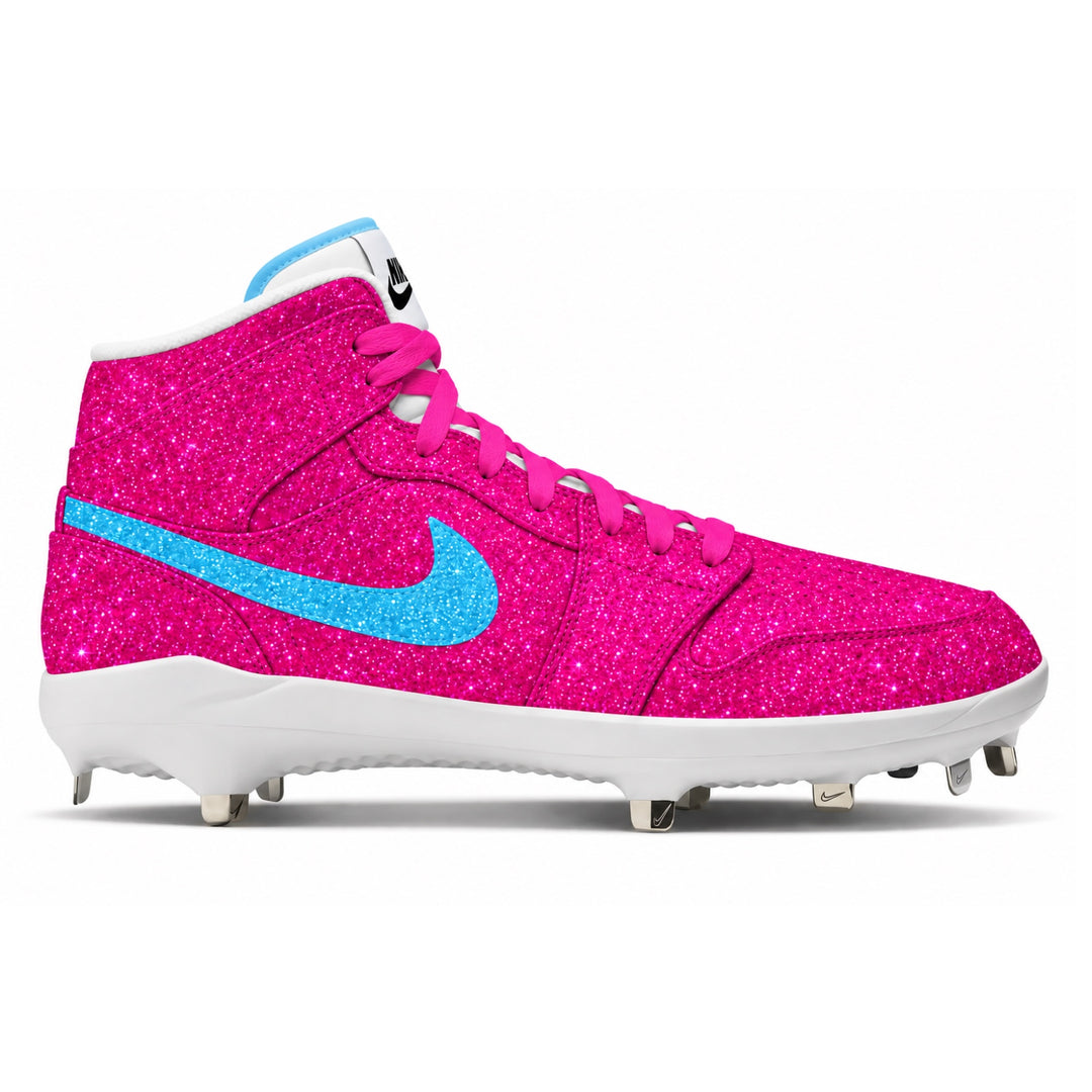 Hot pink glitter Jordan 1 baseball cleat with light blue glitter Swoosh, light blue tongue trim, pink laces, and white sole.