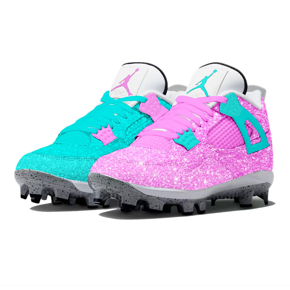 hot pink and teal glitter baseball cleats