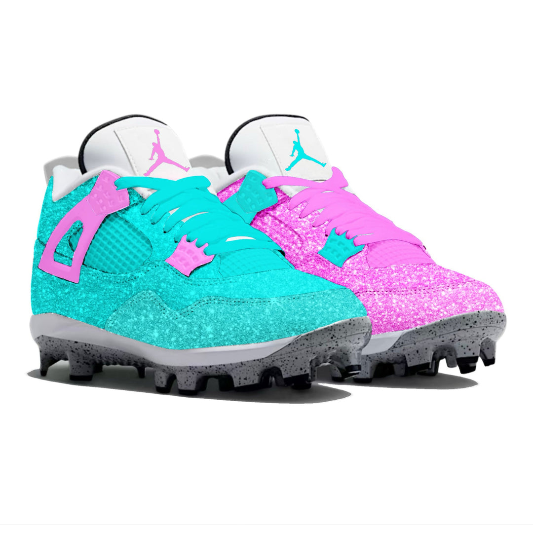 Pair of turquoise and pink cleats with gray soles on a white background