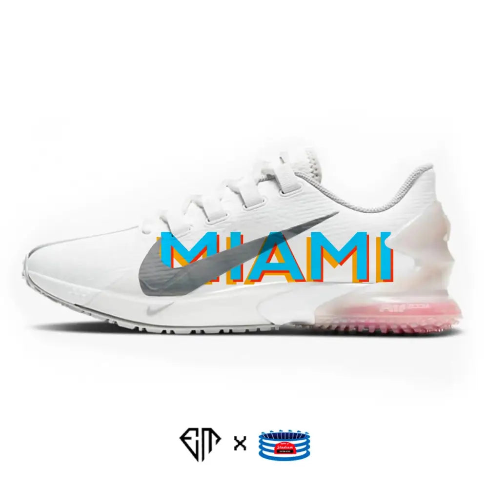 White Nike Force Zoom Trout 7 Turf running shoe displayed in the Miami Nike product image