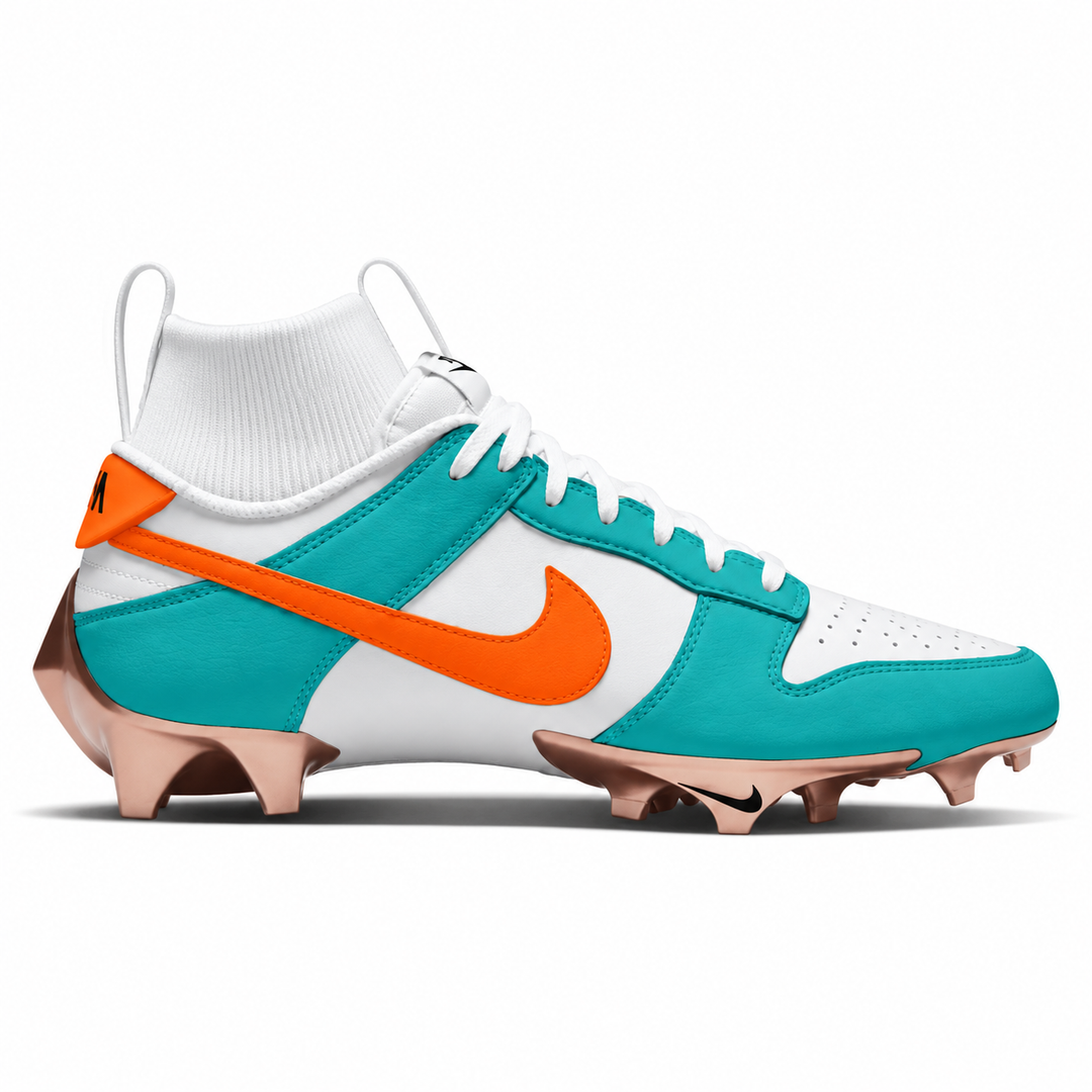 A Nike football cleat in white, teal, and orange with metallic rose gold spikes, shown in a side profile on a white background.