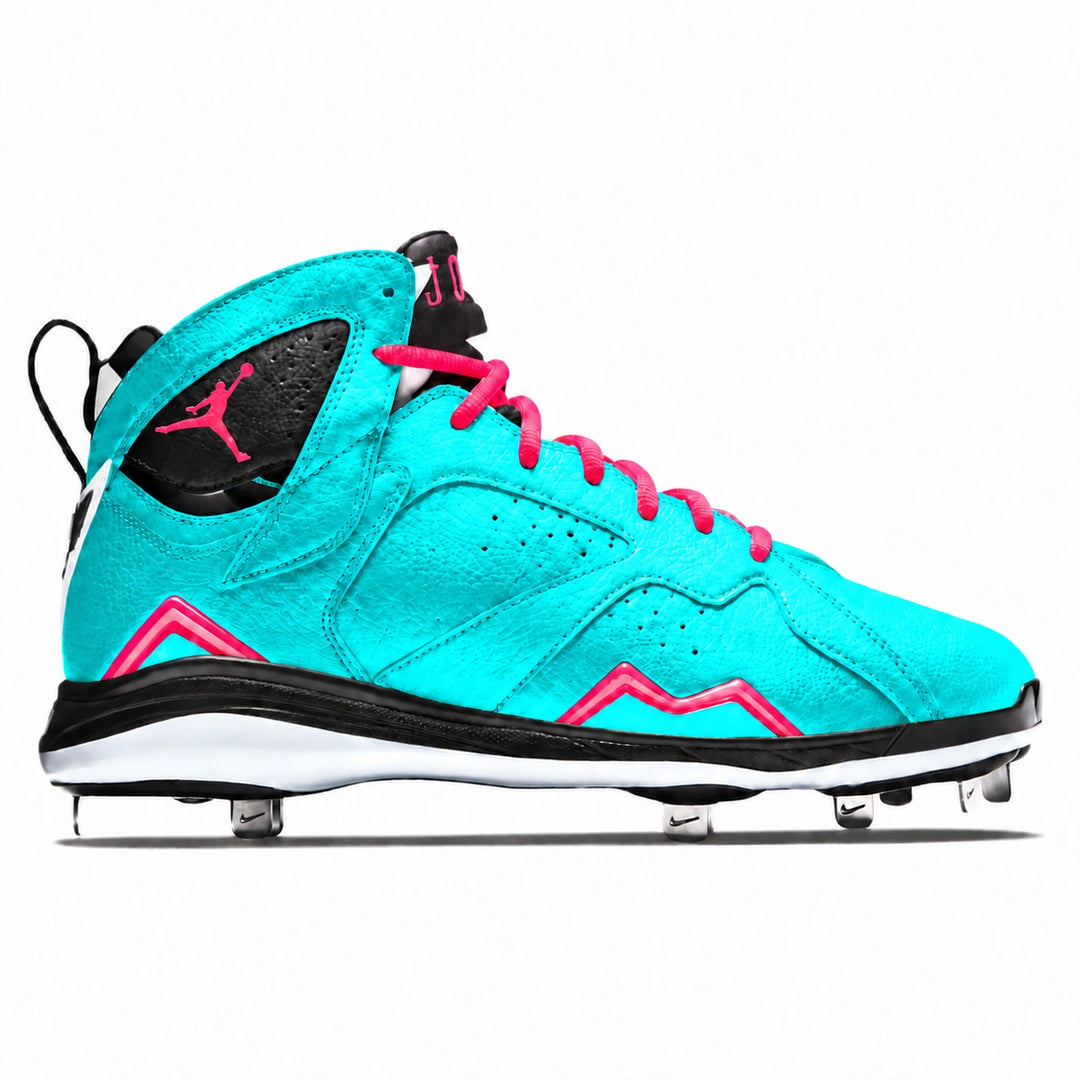 A high-top baseball cleat in vibrant turquoise with bright pink accents, black overlays, and a white midsole with metal cleats, shown in profile against a white background.