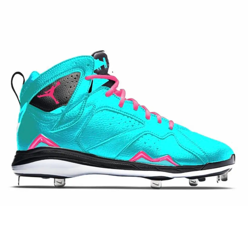 Turquoise and pink Miami Vice Jordan 7 Retro Cleats sneaker front view