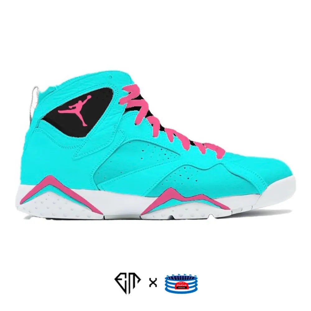 Aqua and pink high-top Jordan 7 Retro sneaker from Miami Vice collection