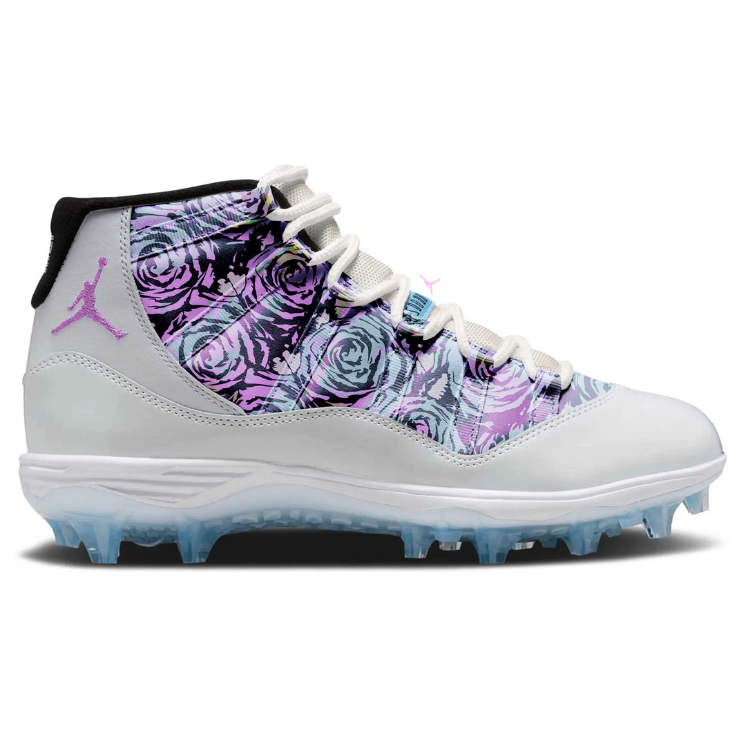 High-top baseball cleats with a white and light gray base accented by a glossy midnight black and lavender rose floral panel, white laces, and an icy translucent outsole built for traction on the diamond, by Stadium Custom Kicks.