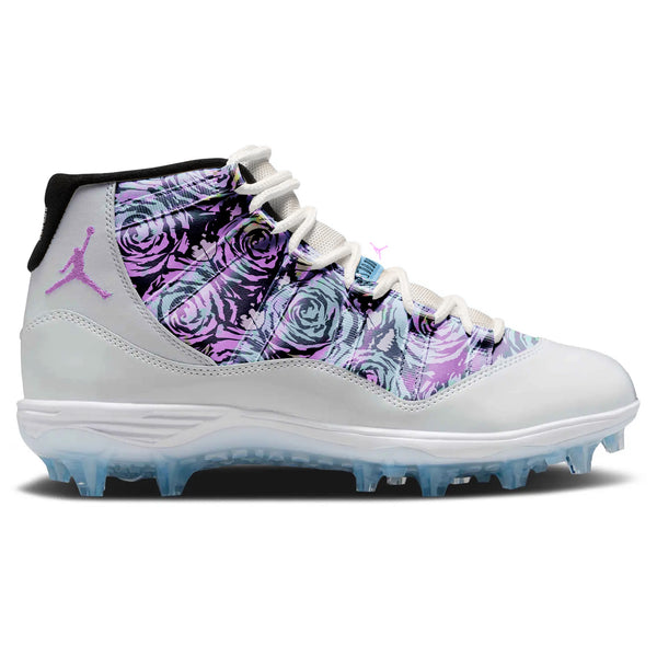 High-top baseball cleats with a white and light gray base accented by a glossy midnight black and lavender rose floral panel, white laces, and an icy translucent outsole built for traction on the diamond, by Stadium Custom Kicks.