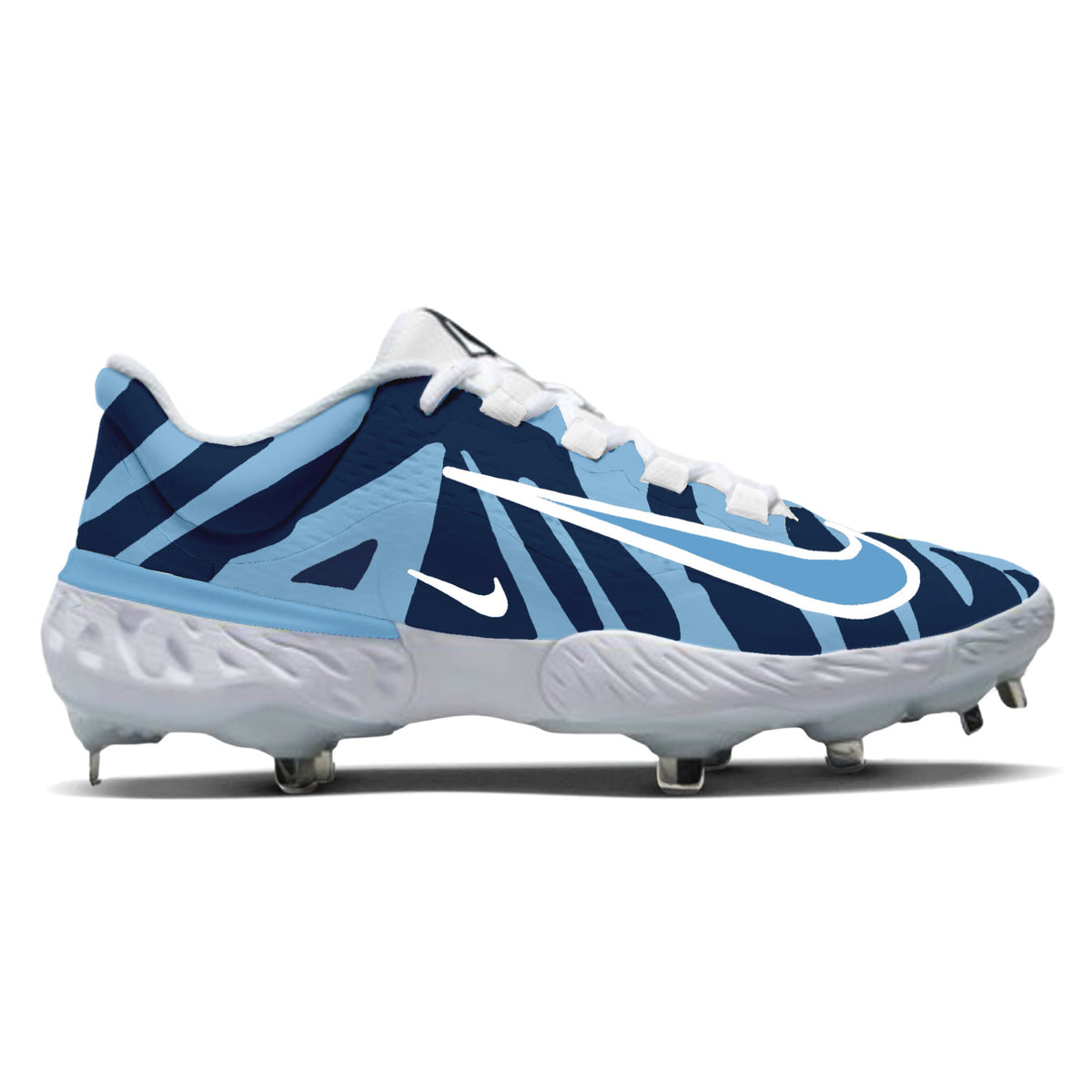 Midnight Current Nike Alpha Huarache Elite 4 low baseball cleats in Carolina and navy blue with white swoosh, custom Nike baseball spikes by Stadium Custom Kicks