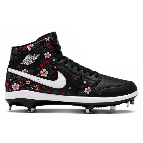 Black Jordan 1 Retro metal baseball cleats with red white and gray cherry blossom design side view by Stadium Custom Kicks