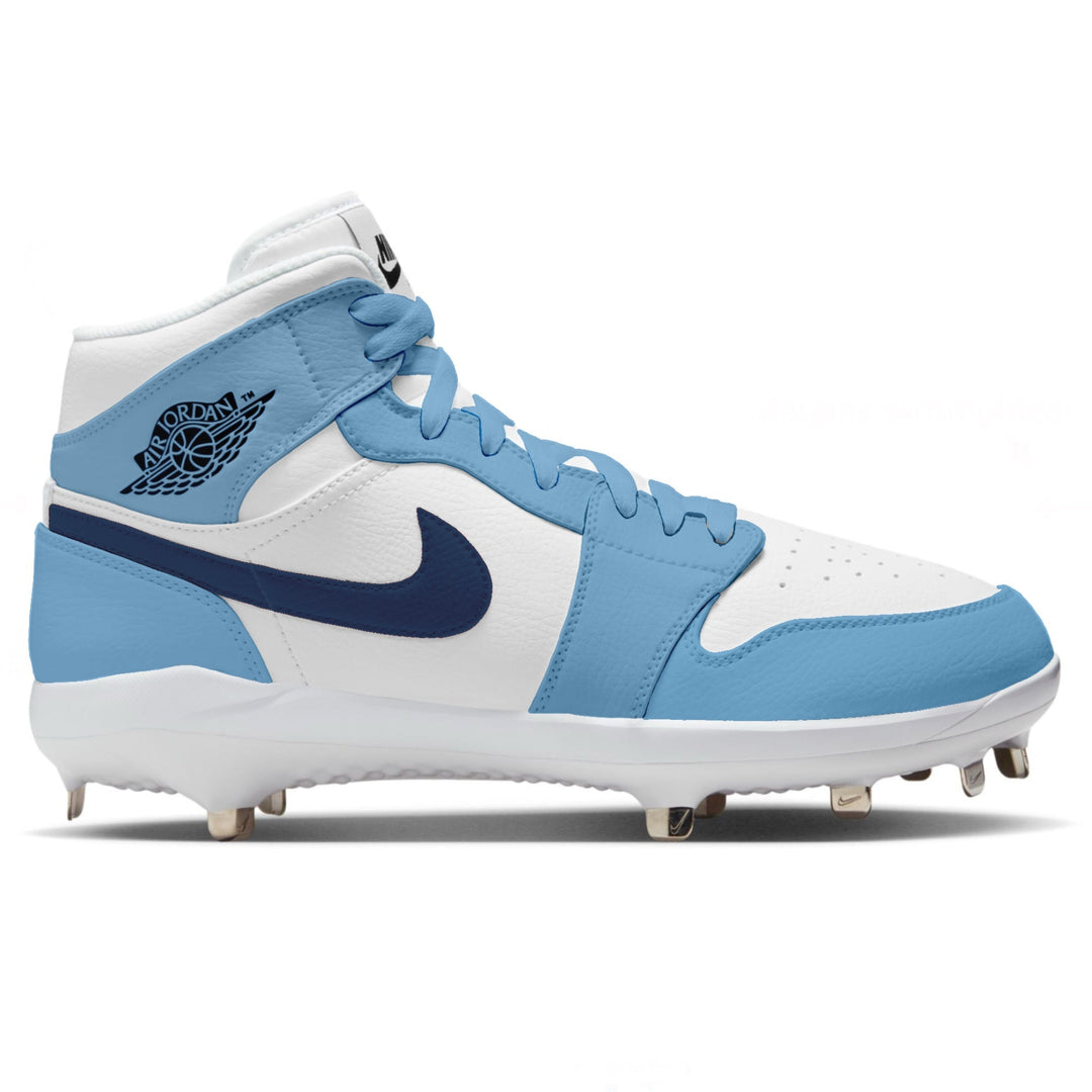 navy blue, carolina blue and white mid top metal baseball cleats.