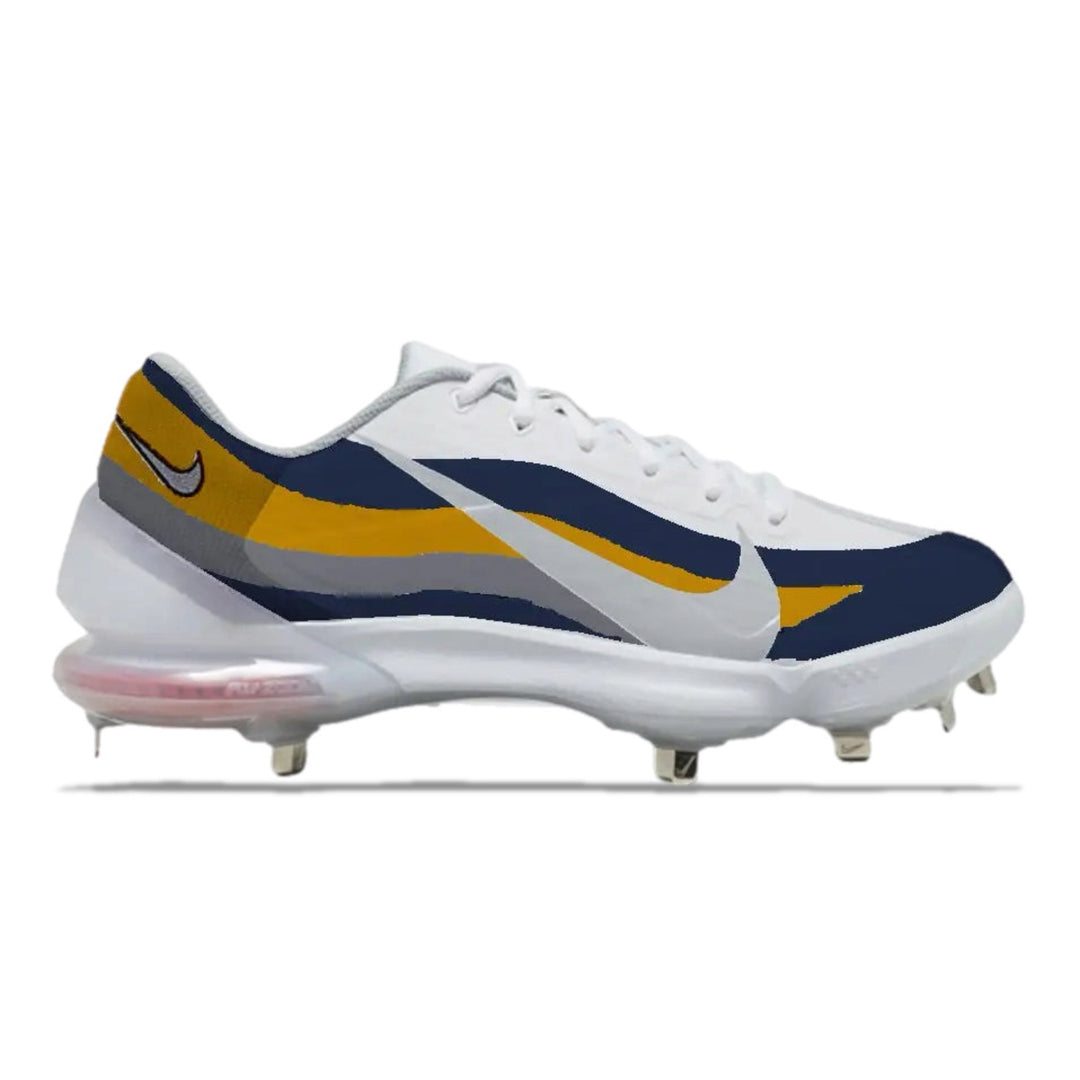 White cleats with blue and golden yellow accents on a white background