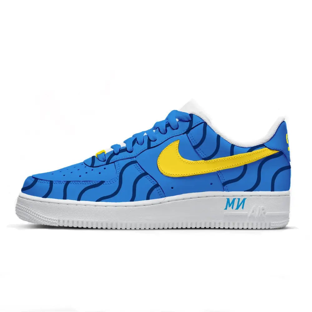 Blue sneaker with yellow Nike logo on a white background