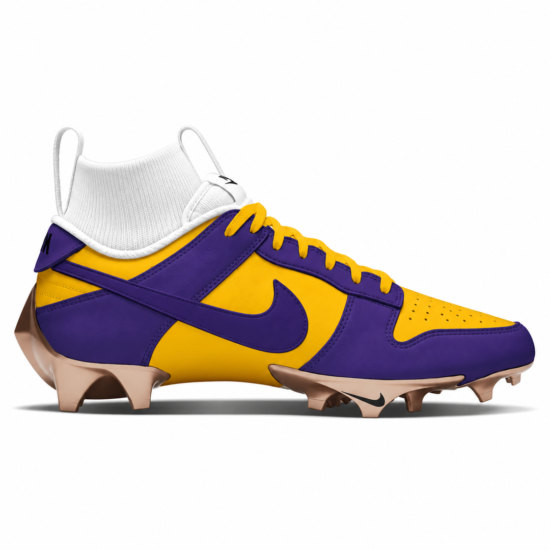A Nike football cleat in a purple and gold colorway, featuring a white ankle sock collar and tan studded outsole, shown in a side profile on a white background.
