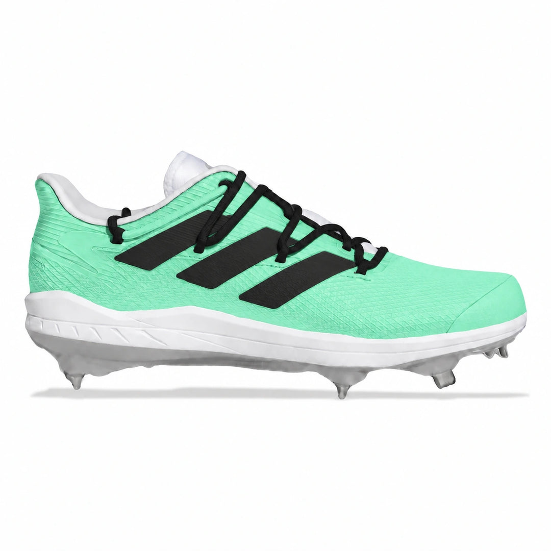 A single baseball cleat in mint green with black stripes and laces, shown in a side profile on a white background.