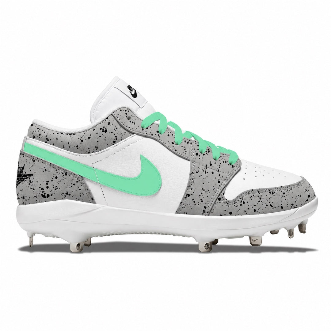 Gray and white cleats with mint green accents on a white background