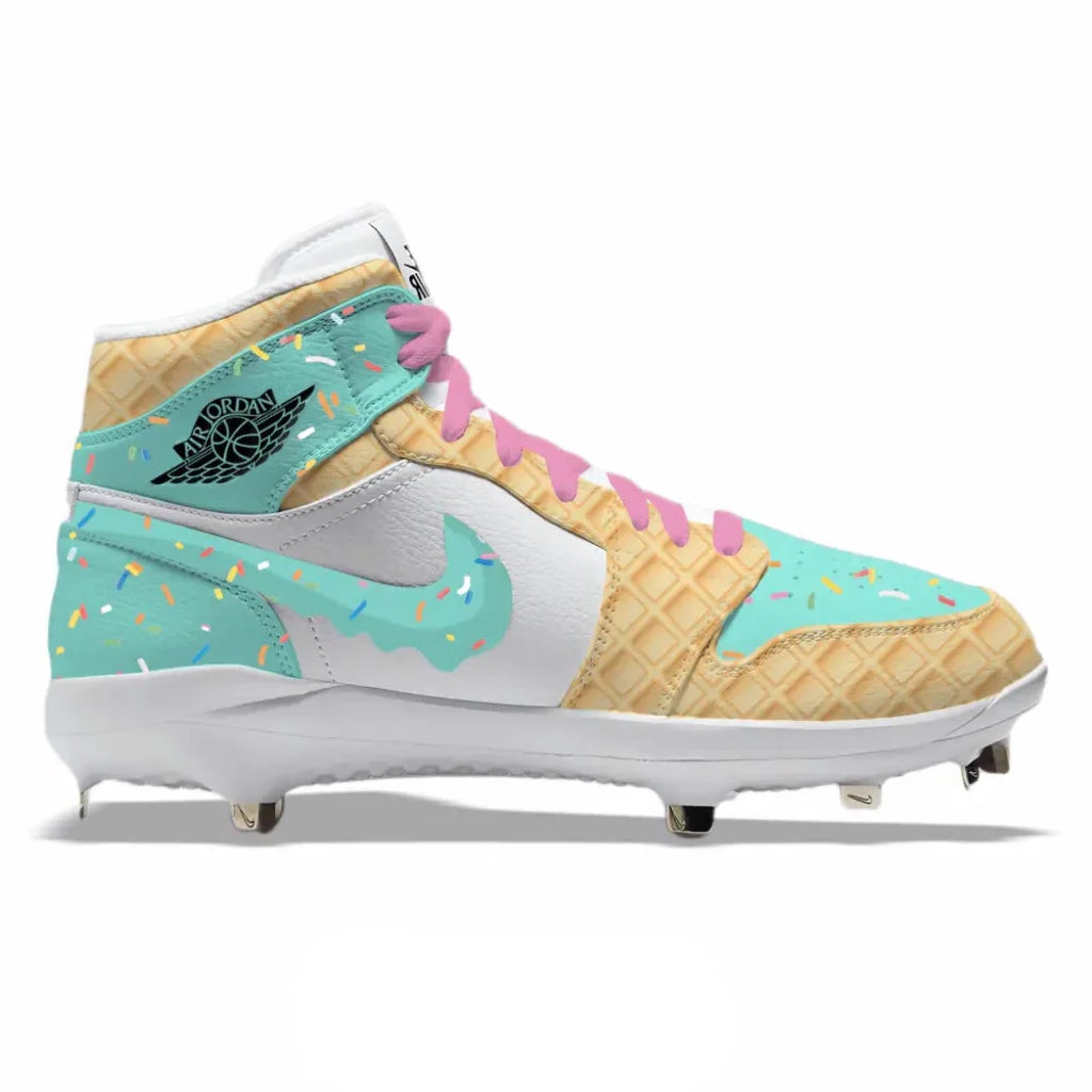 mint, white and waffle cone tan design with colorful sprinkles on mid top baseball cleat