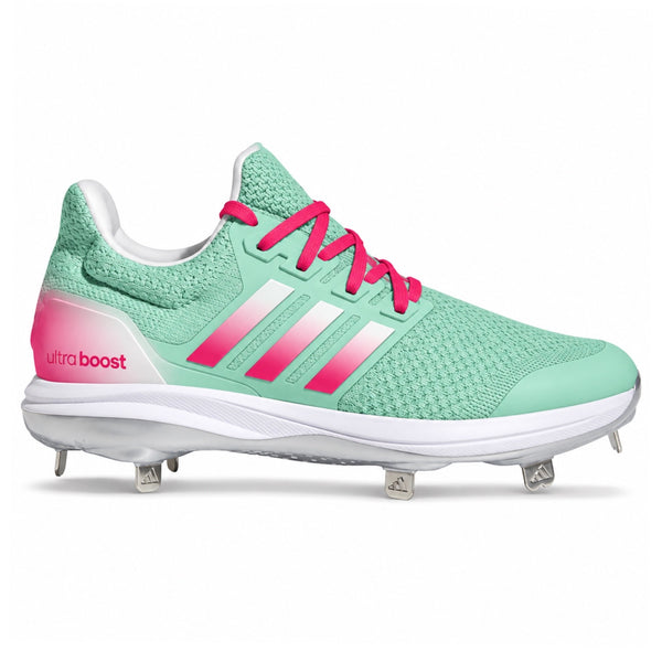 Mint green Adidas Ultraboost DNA 5.0 cleats with pink laces pink gradient stripes and metal spikes side view by Stadium Custom Kicks
