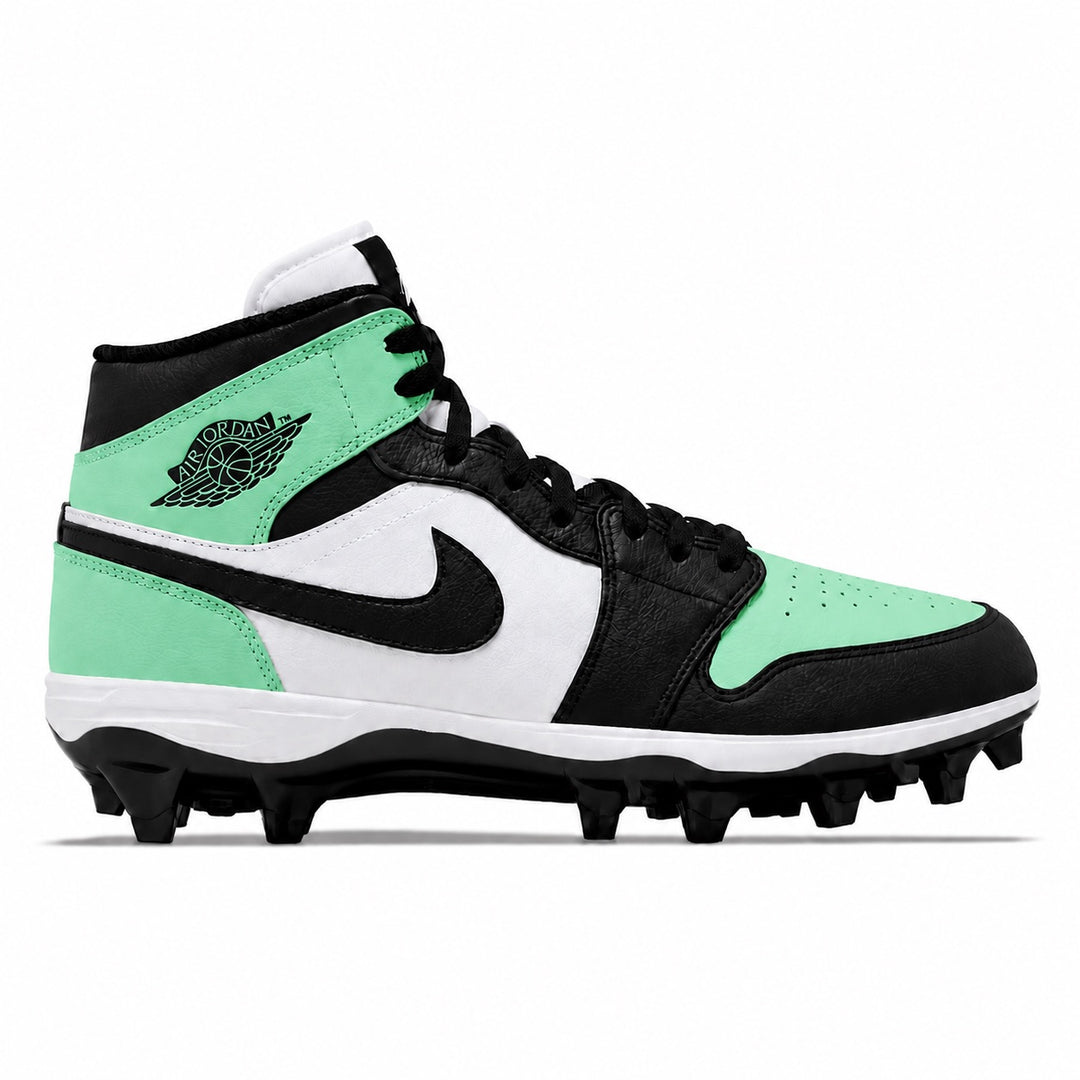 White black and mint green Jordan 1 TD cleats side view by Stadium Custom Kicks