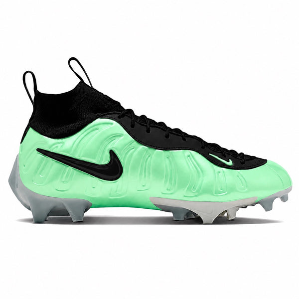 Mint green Nike Foamposite football cleat with black knit collar and black Swoosh by Stadium Custom Kicks
