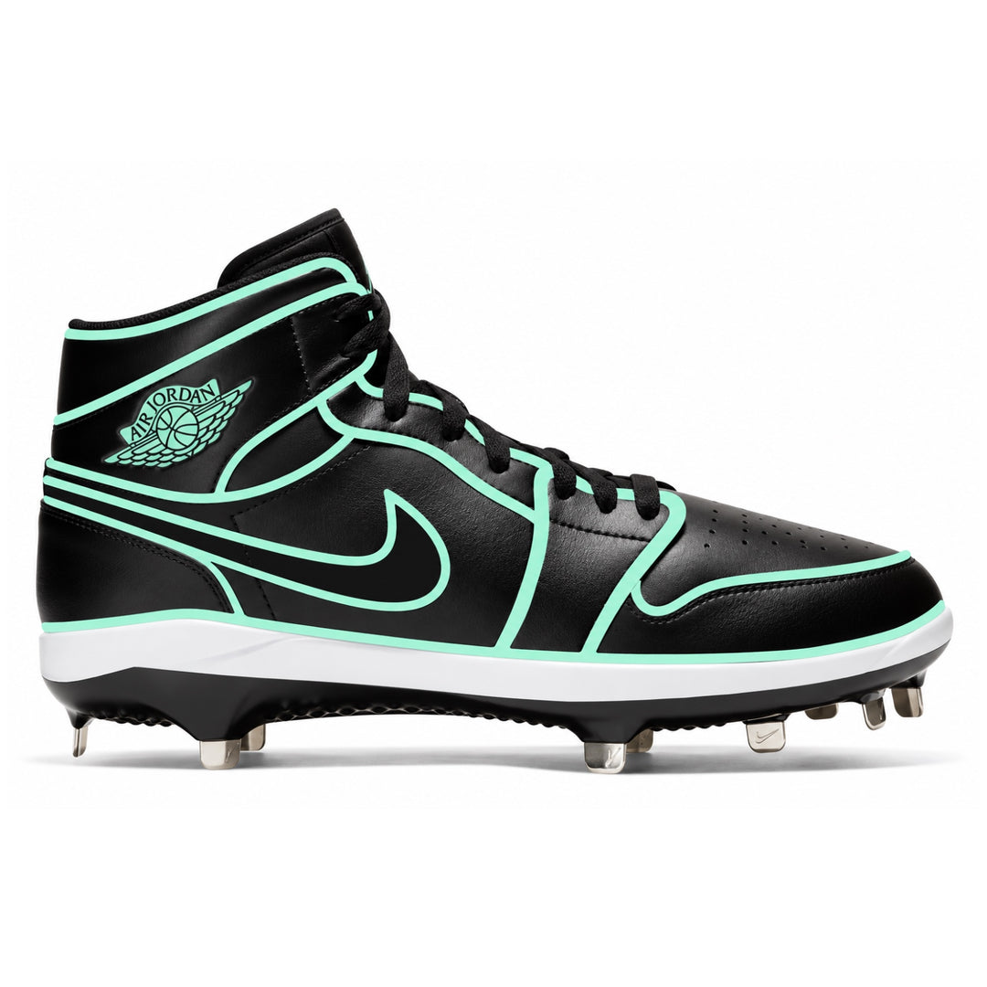 A black Nike high-top baseball cleat with mint green accents and white midsole, shown from the side profile on a white background.