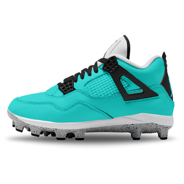 Custom Mint Jordan 4 Retro MCS baseball cleats featuring a teal upper, black laces and accents, white tongue with jumpman logo, and a grey speckled cleat plate.