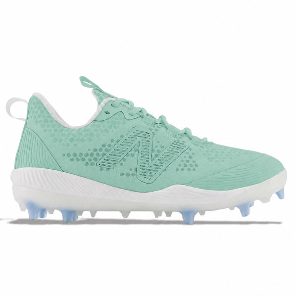 Mint New Balance FuelCell COMPv3 cleats featuring a mint tonal upper with embossed dot detailing, mint N logo, white lace collar, white midsole, and icy light blue molded cleats, side profile view by Stadium Custom Kicks
