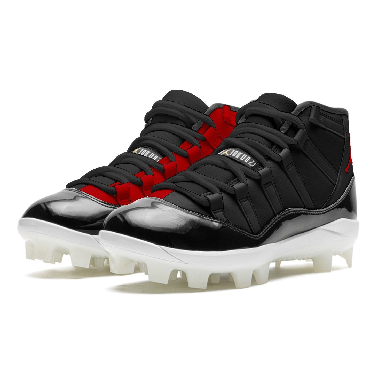 Black and red high-top football cleats with white cleats on a white background