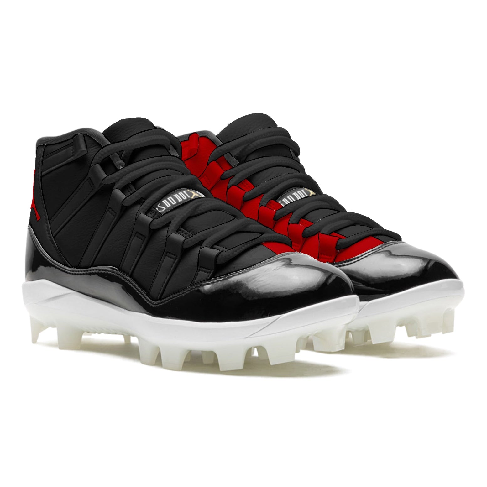 Black and red high-top cleats with white soles on a white background